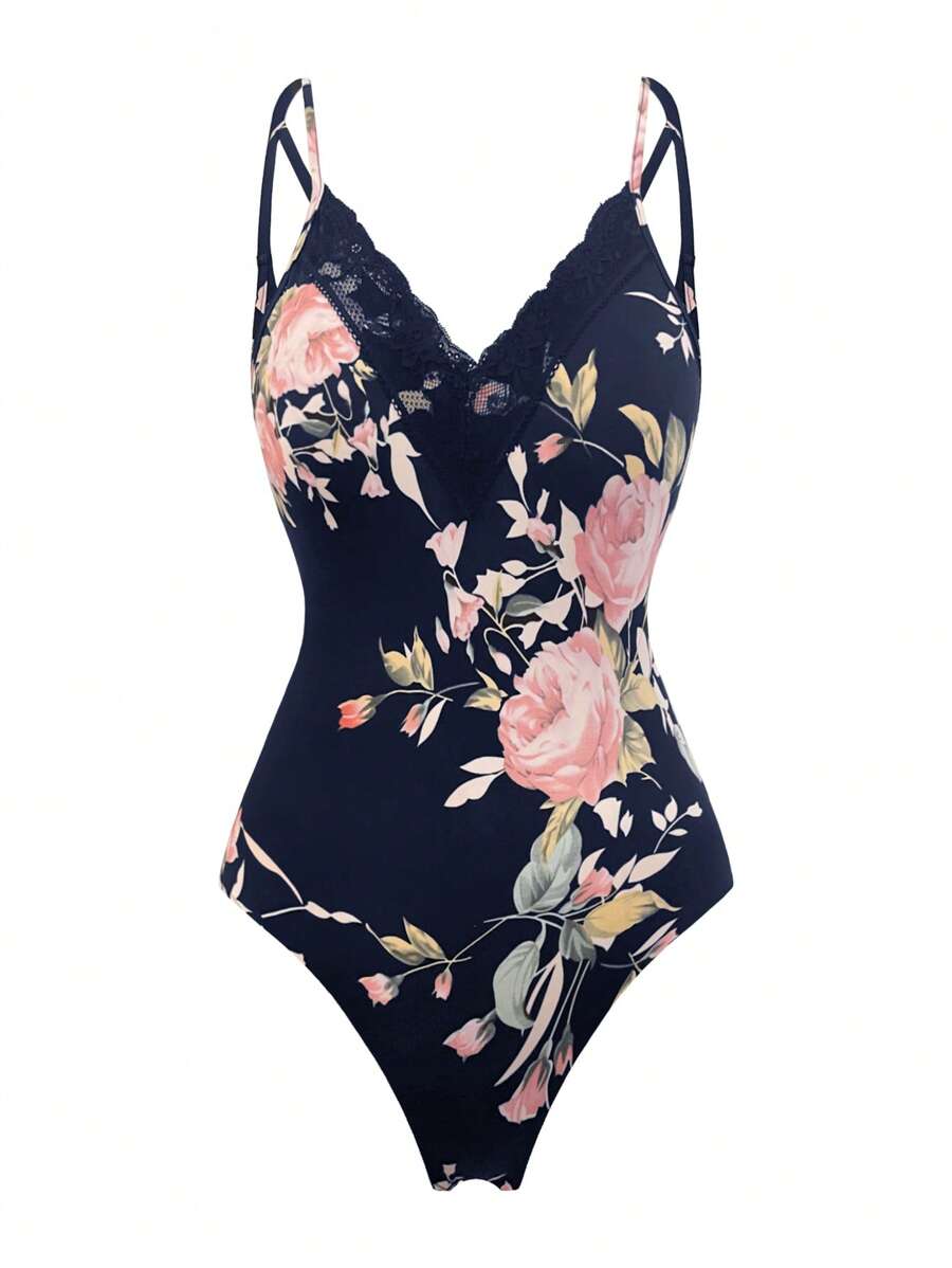 SHEIN LUNE Plus Floral Print Lace Trim Cami Bodysuit - Navy Blue - View 1