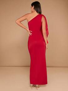 SHEIN Belle One Shoulder Split Thigh Bridesmaid Dress - Burgundy - View 4