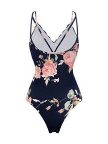 SHEIN LUNE Plus Floral Print Lace Trim Cami Bodysuit - Navy Blue - View 2