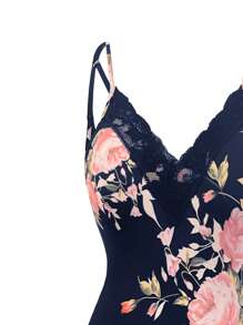 SHEIN LUNE Plus Floral Print Lace Trim Cami Bodysuit - Navy Blue - View 3