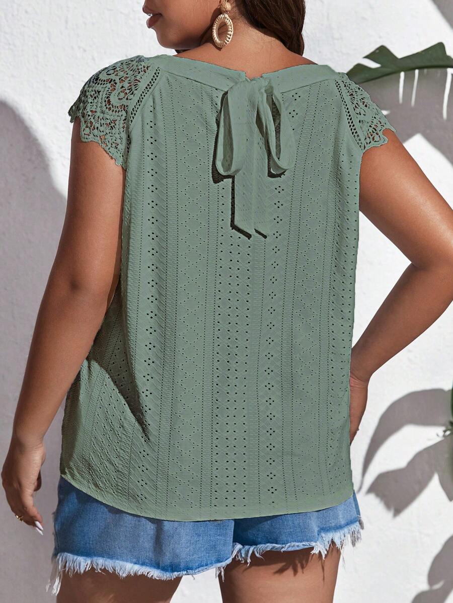 SHEIN Frenchy Kích thước lớn Xu hướng: Cắt giảm Thêu Buộc lại Giải trí Áo thun - màu xanh lá - Xem 1