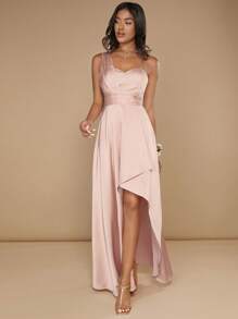 SHEIN Belle Vestido Sólido com Babados, Decote Assimétrico, Bainha Desigual, Elegante, Formal, para Festa, Baile, Convidados de Casamento, Formatura, Jantar - Rosa chiclete - Visão 6