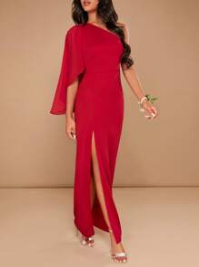 SHEIN Belle One Shoulder Split Thigh Bridesmaid Dress - Burgundy - View 1