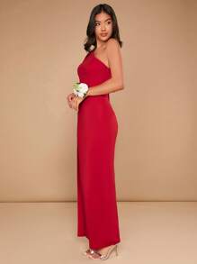 SHEIN Belle One Shoulder Split Thigh Bridesmaid Dress - Burgundy - View 6