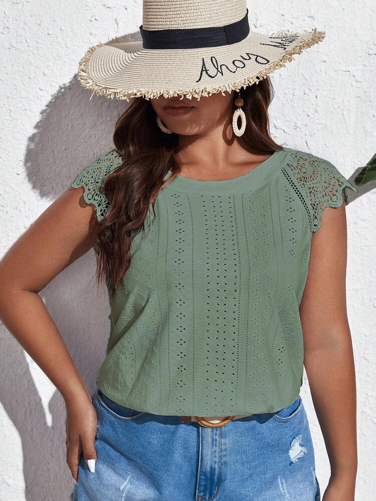 SHEIN Frenchy 大尺碼露背刺繡系帶休閒t恤 - 綠色 - 查看 3
