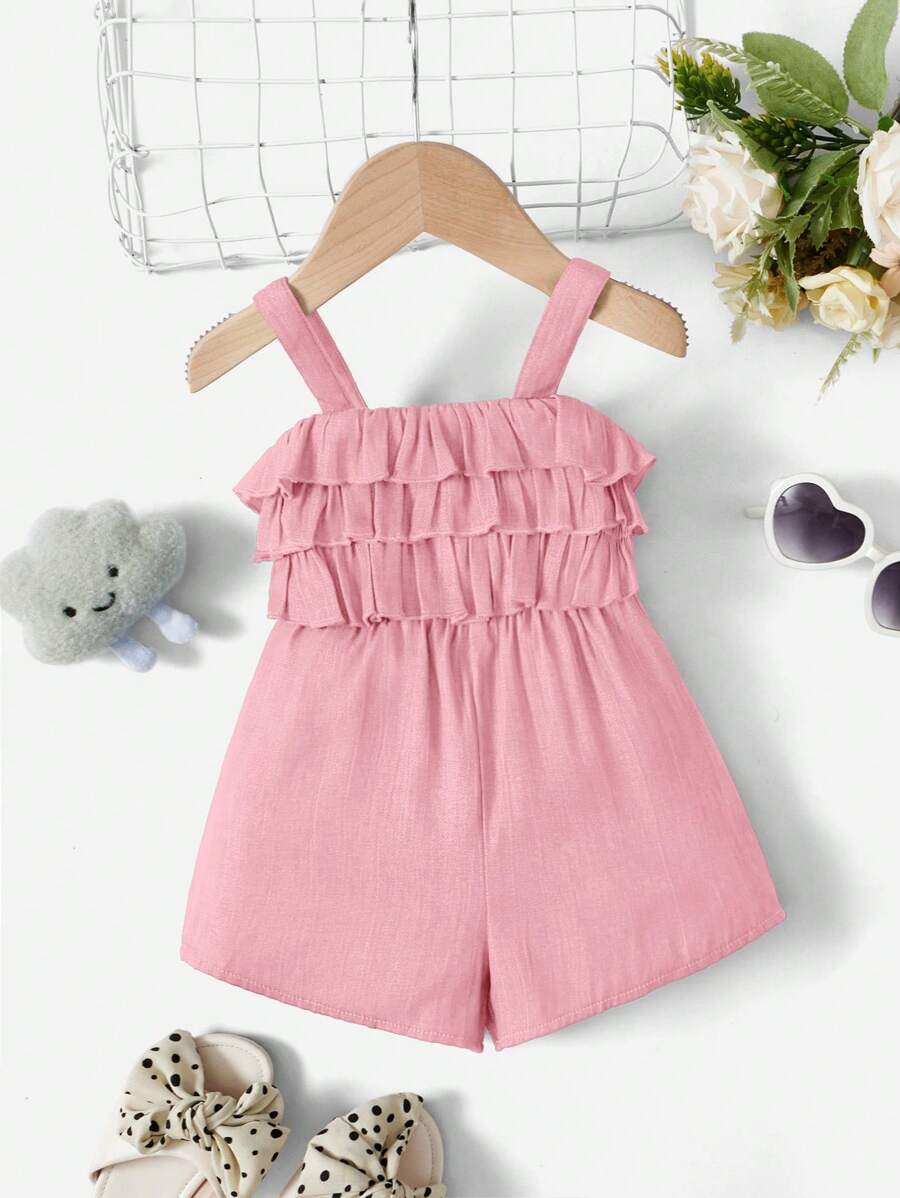 SHEIN Bebé niña Mono de tirantes ribete con fruncido - Rosa Pálido - Ver 1