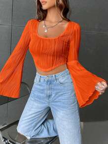 SHEIN EZwear Square Neck Flounce Sleeve Crop Tee - Orange - View 3