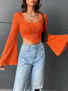 SHEIN EZwear Square Neck Flounce Sleeve Crop Tee - Orange - View 5