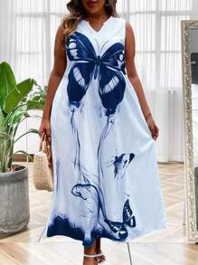 SHEIN LUNE Plus Butterfly Print Notched Neckline Dress Maxi Women Outfit