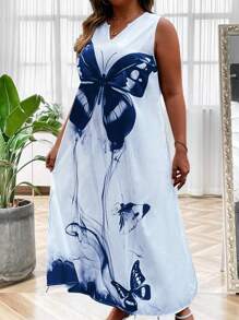 SHEIN LUNE Plus Butterfly Print Notched Neckline Dress Maxi Women Outfit