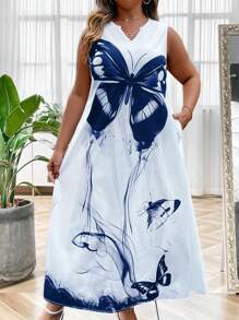 SHEIN LUNE Plus Butterfly Print Notched Neckline Dress Maxi Women Outfit