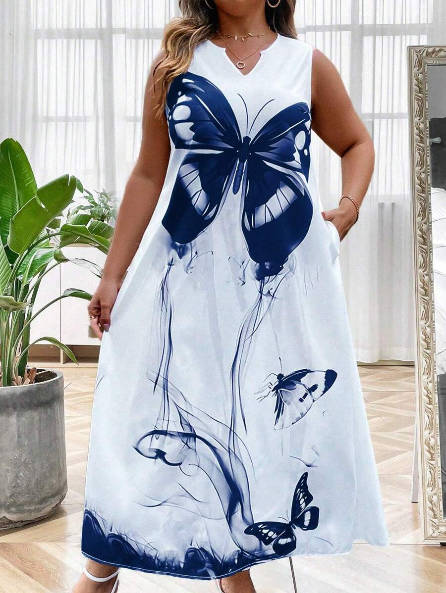 SHEIN LUNE Plus Butterfly Print Notched Neckline Dress Maxi Women Outfit