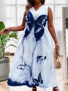SHEIN LUNE Plus Butterfly Print Notched Neckline Dress Maxi Women Outfit