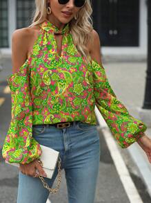 SHEIN Clasi 佩斯利印花挖肩燈籠袖襯衫 - 綠色 - 查看 5
