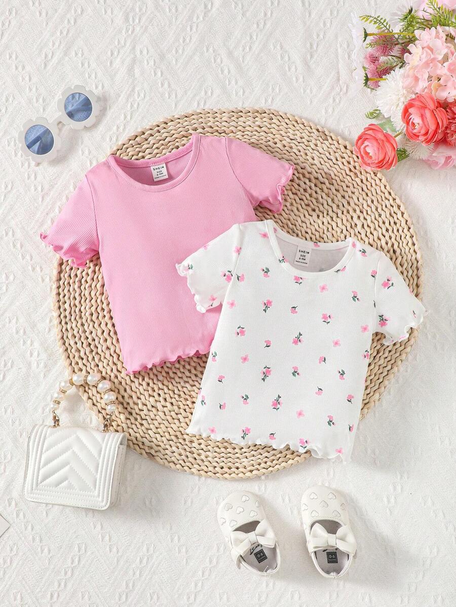 Baby Girl 2pcs Summer Casual Set: Floral Pattern Top With Solid Color Ruffled Edges - Multicolor - View 1