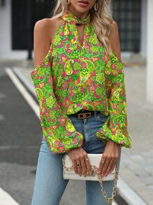 SHEIN Clasi 佩斯利印花挖肩燈籠袖襯衫 - 綠色 - 查看 6