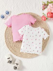 Baby Girl 2pcs Summer Casual Set: Floral Pattern Top With Solid Color Ruffled Edges - Multicolor - View 2