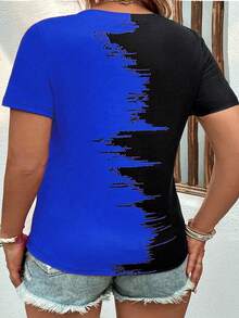 SHEIN LUNE Plus 双色 V 领 T 恤 图案 T 恤 女式上衣 - 彩色 - 查看 3