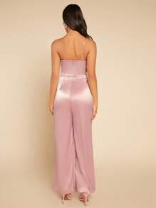 SHEIN Belle 1 Miếng Chèn lưới Jumpsuit ống Với Dây đai trong suốt - Màu Hồng baby - Xem 2