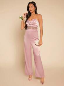 SHEIN Belle 1 Miếng Chèn lưới Jumpsuit ống Với Dây đai trong suốt - Màu Hồng baby - Xem 3