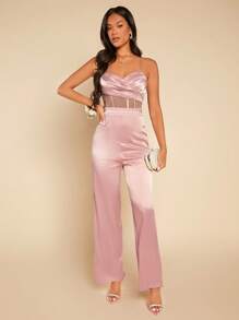 SHEIN Belle 1 Miếng Chèn lưới Jumpsuit ống Với Dây đai trong suốt - Màu Hồng baby - Xem 5
