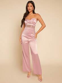 SHEIN Belle 1 Miếng Chèn lưới Jumpsuit ống Với Dây đai trong suốt - Màu Hồng baby - Xem 6