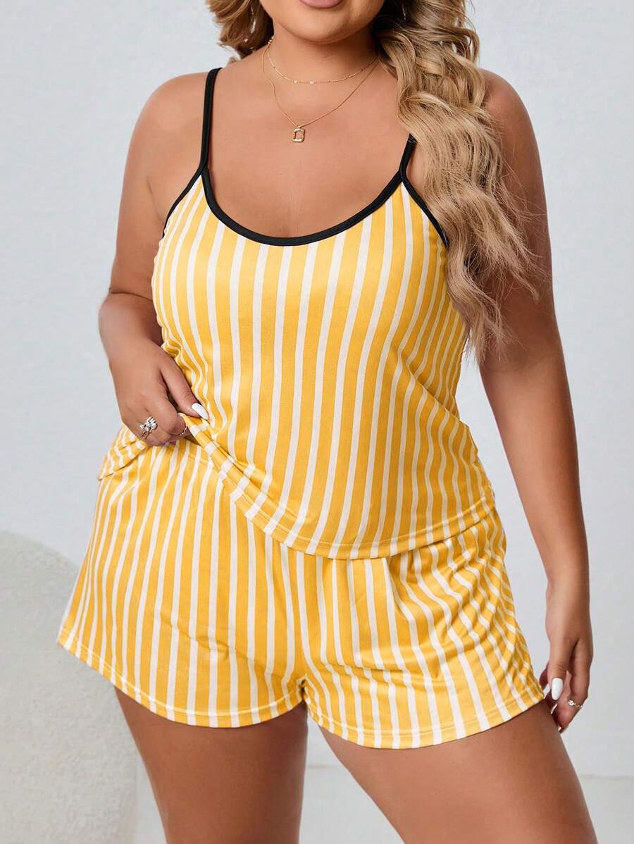Plus Striped Print Contrast Binding Cami Top & Shorts PJ Set / Pajama Set - Yellow - View 1