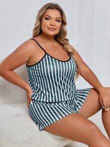 Talla grande Conjunto de pijama con estampado de rayas unido en contraste - Verde - Ver 4