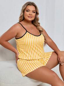 Plus Striped Print Contrast Binding Cami Top & Shorts PJ Set / Pajama Set - Yellow - View 3