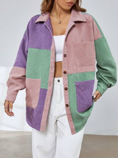 SHEIN Qutie Color Block Dual Pocket Drop Shoulder Corduroy Coat SHEIN