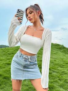 SHEIN EZwear Cárdigan crop unicolor sin top de tirantes - Beis - Ver 2