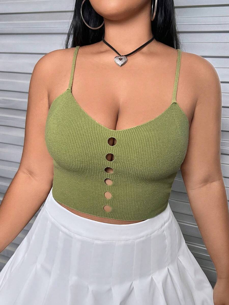 SHEIN EZwear 大碼前鏤空針織吊帶上衣 - 軍綠色 - 查看 1