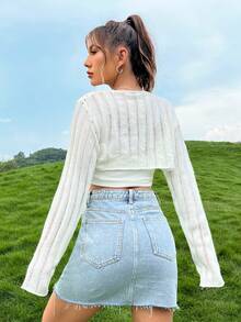 SHEIN EZwear Cárdigan crop unicolor sin top de tirantes - Beis - Ver 3