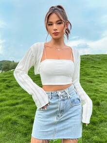 SHEIN EZwear Cárdigan crop unicolor sin top de tirantes - Beis - Ver 5