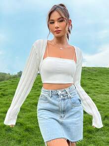 SHEIN EZwear Cárdigan crop unicolor sin top de tirantes - Beis - Ver 6