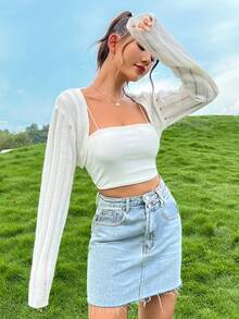 SHEIN EZwear Cárdigan crop unicolor sin top de tirantes - Beis - Ver 7