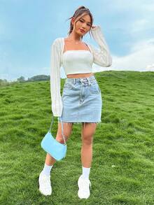 SHEIN EZwear Cárdigan crop unicolor sin top de tirantes - Beis - Ver 8