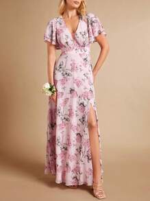 SHEIN Belle 滿版印花深V領高衩連衣裙 - 彩色 - 查看 2