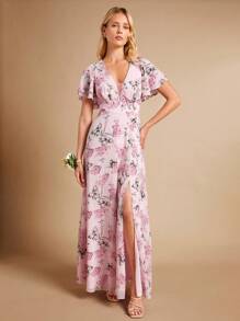 SHEIN Belle 滿版印花深V領高衩連衣裙 - 彩色 - 查看 5