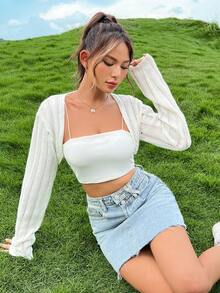 SHEIN EZwear Cárdigan crop unicolor sin top de tirantes - Beis - Ver 9