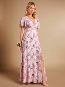 SHEIN Belle 滿版印花深V領高衩連衣裙 - 彩色 - 查看 7