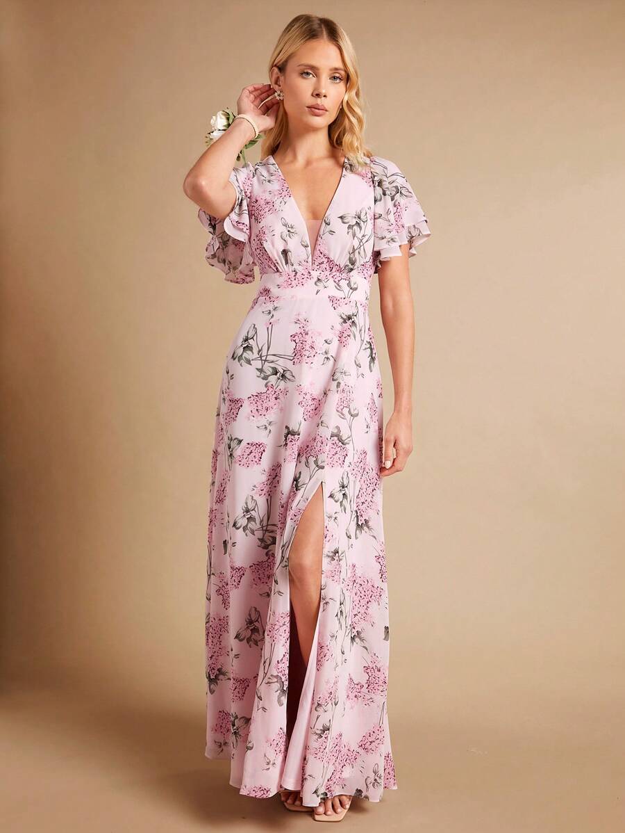 SHEIN Belle 滿版印花深V領高衩連衣裙 - 彩色 - 查看 1