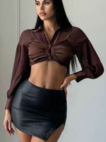 SHEIN SXY Mặt trước xoắn Áo sơ mi Crop - màu nâu - Xem 2