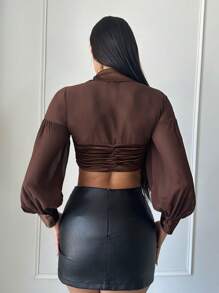 SHEIN SXY Mặt trước xoắn Áo sơ mi Crop - màu nâu - Xem 3