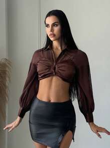 SHEIN SXY Mặt trước xoắn Áo sơ mi Crop - màu nâu - Xem 5