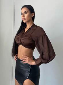 SHEIN SXY Mặt trước xoắn Áo sơ mi Crop - màu nâu - Xem 6