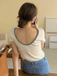 DAZY Camiseta unido en contraste de espalda abierta - Albaricoque - Ver 1