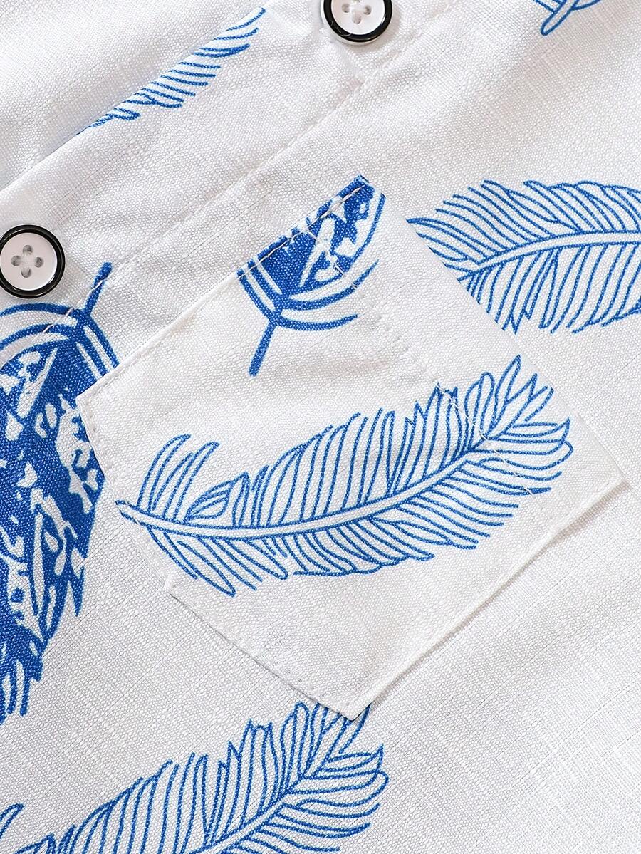 SHEIN 2pcs/Set Young Boys Casual Feather Print Collared Short Sleeve