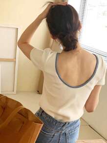 DAZY Camiseta unido en contraste de espalda abierta - Albaricoque - Ver 4