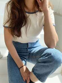 DAZY Camiseta unido en contraste de espalda abierta - Albaricoque - Ver 5